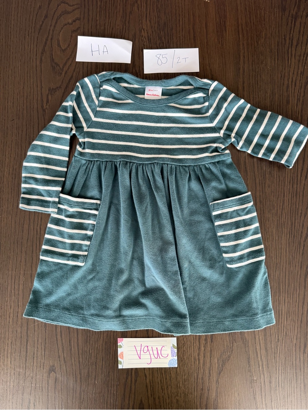 Hanna Andersson Teal and White Striped Long-Sleeve Pocket Dress